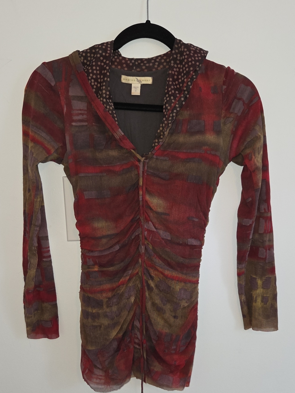 Weston Wear Red Olive Multicolor Ruched Hooded Tunic